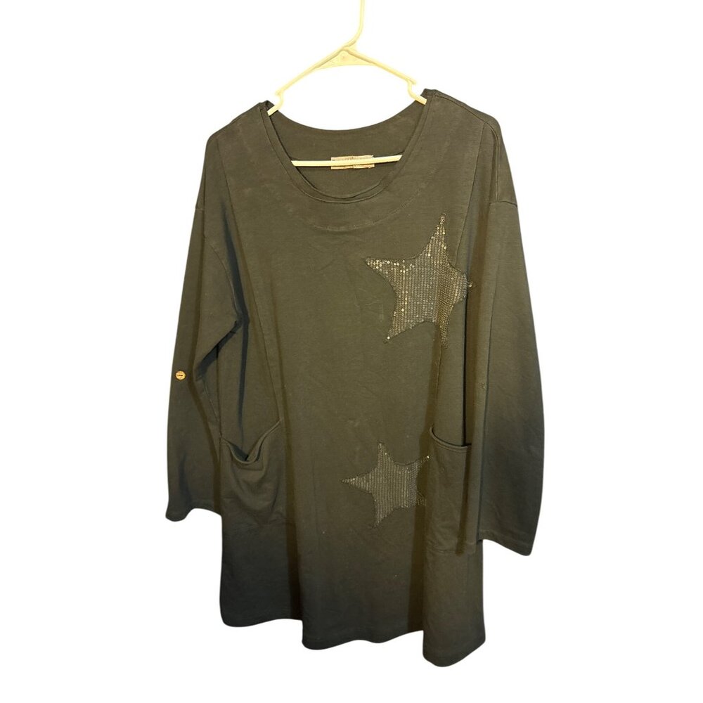 Pistache Womens Black Long Sleeve Star Sequin Tunic Top M‎ Made In Italy